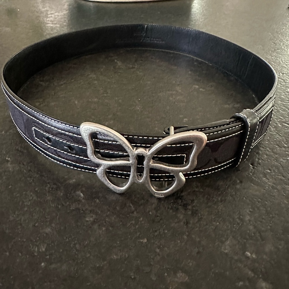 COACH Butterfly Buckle Black Leather Belt
